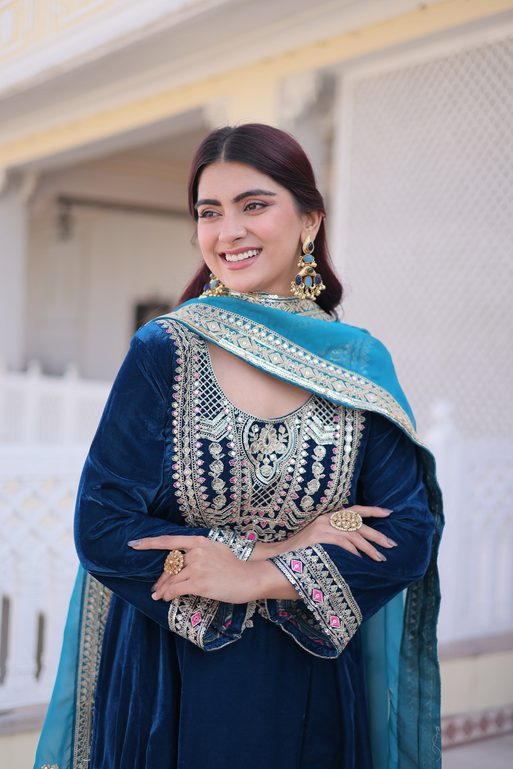 Lorenvalley Fashion Rama 9000 Velvet with Sequins & Coding & Thread Embroidered work Kurta Pant with Dupatta
