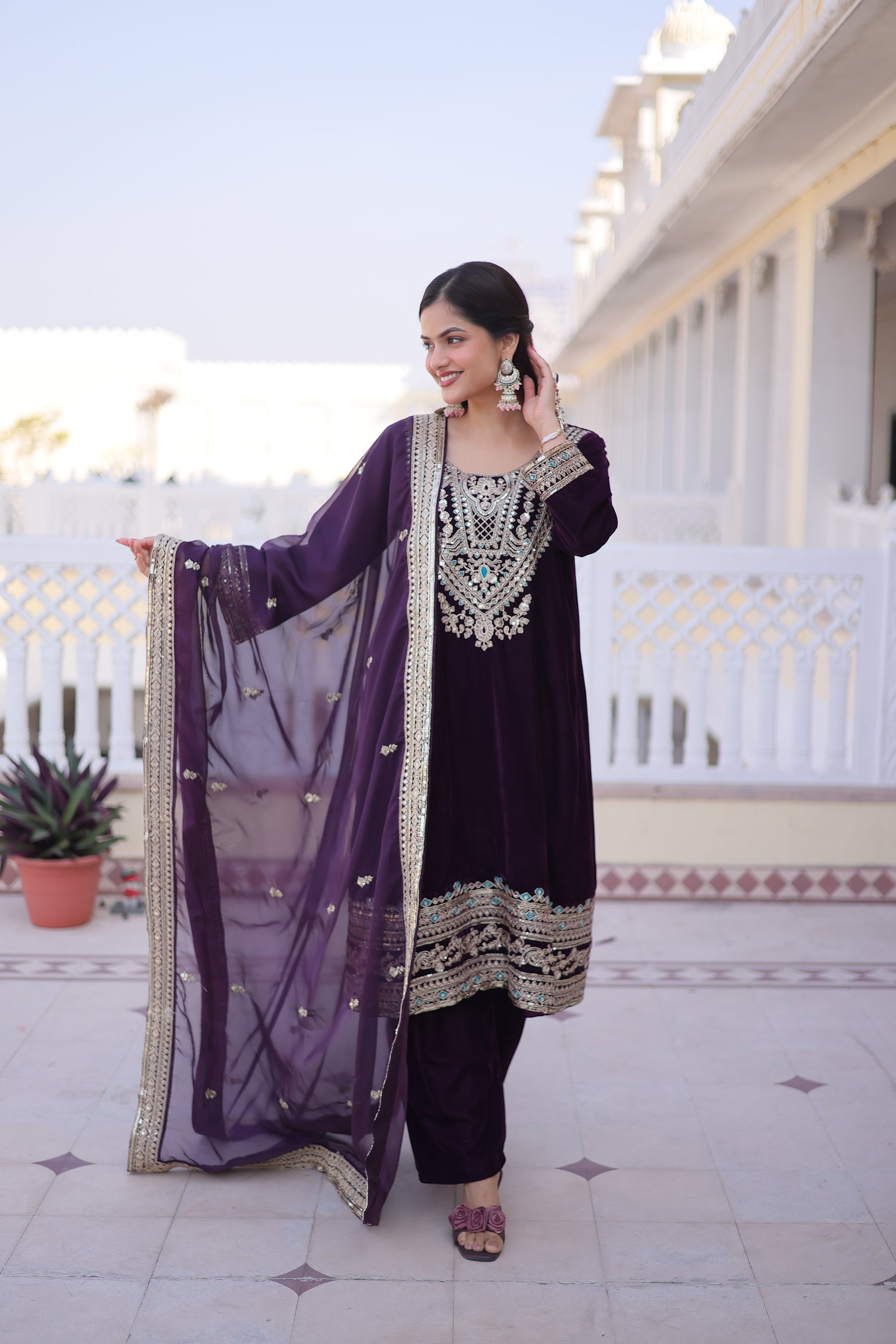 Lorenvalley Fashion Wine 9000 Velvet with Sequins & Coding & Thread Embroidered work Kurta Pant with Dupatta