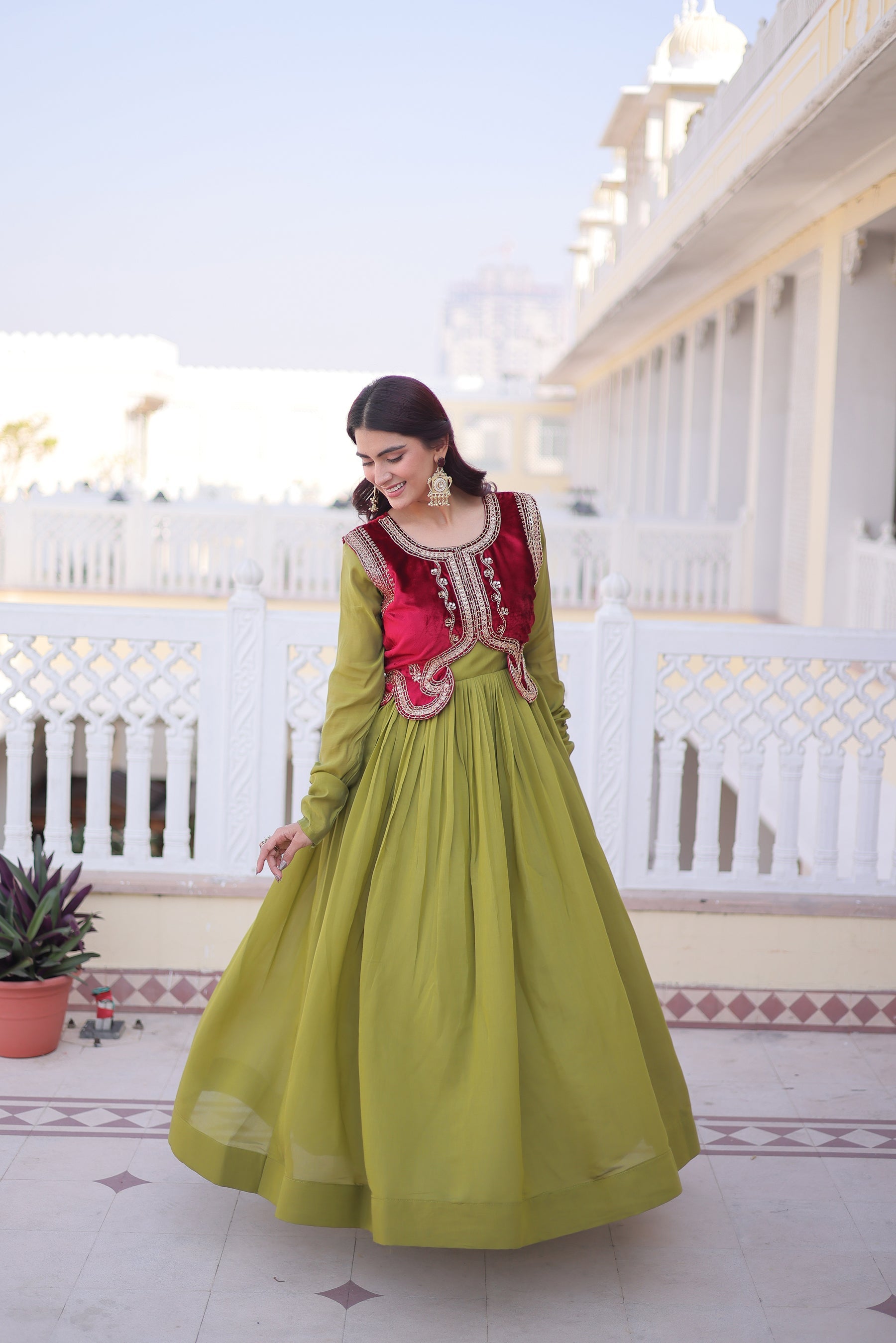 Lorenvalley Fashion Pista Mal Chanderi Flair Gown with Koti