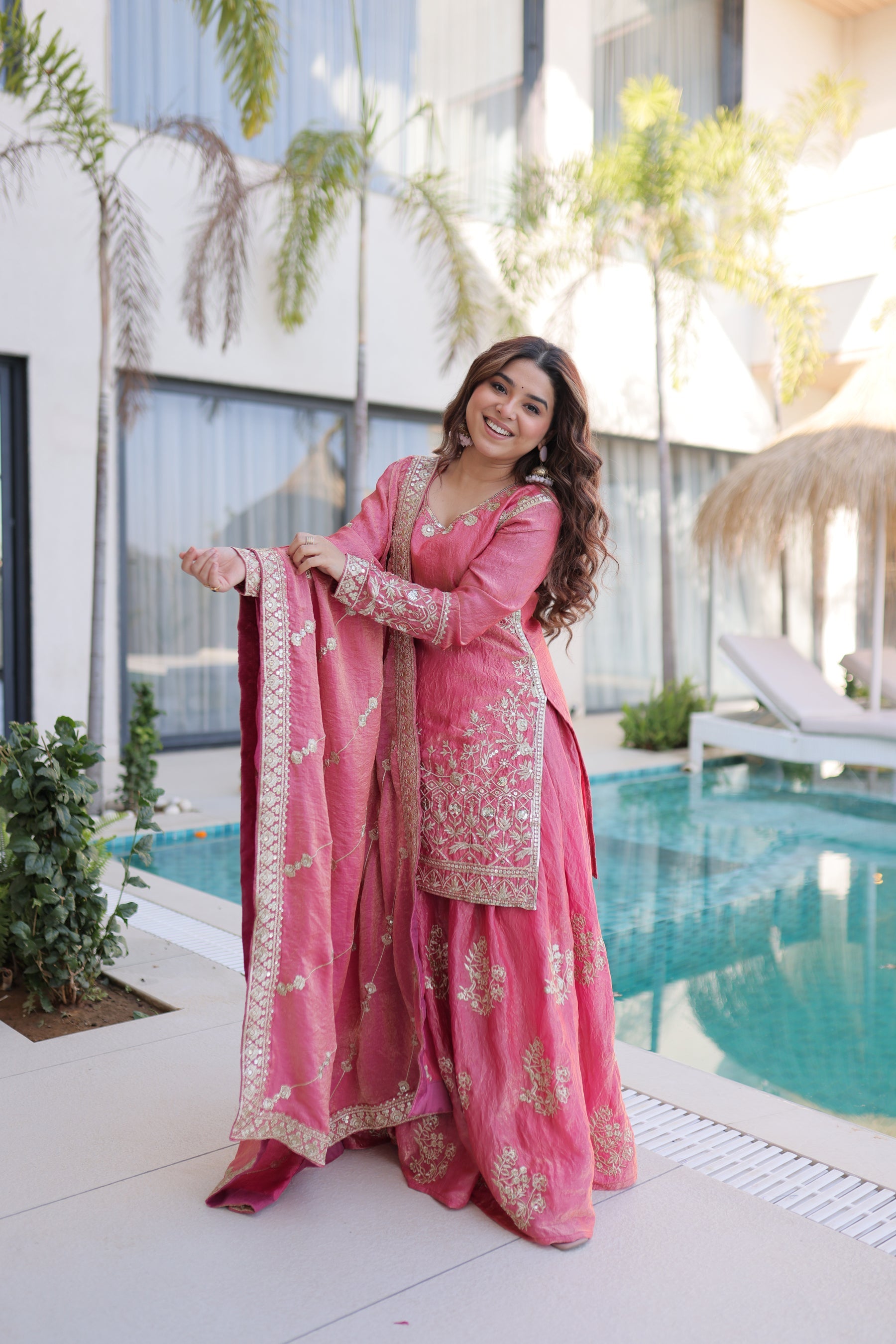 Lorenvalley Fashion Pink Fendy Satin Crush with Zari & Sequins Embroidered work Kurta Sharara with Dupatta