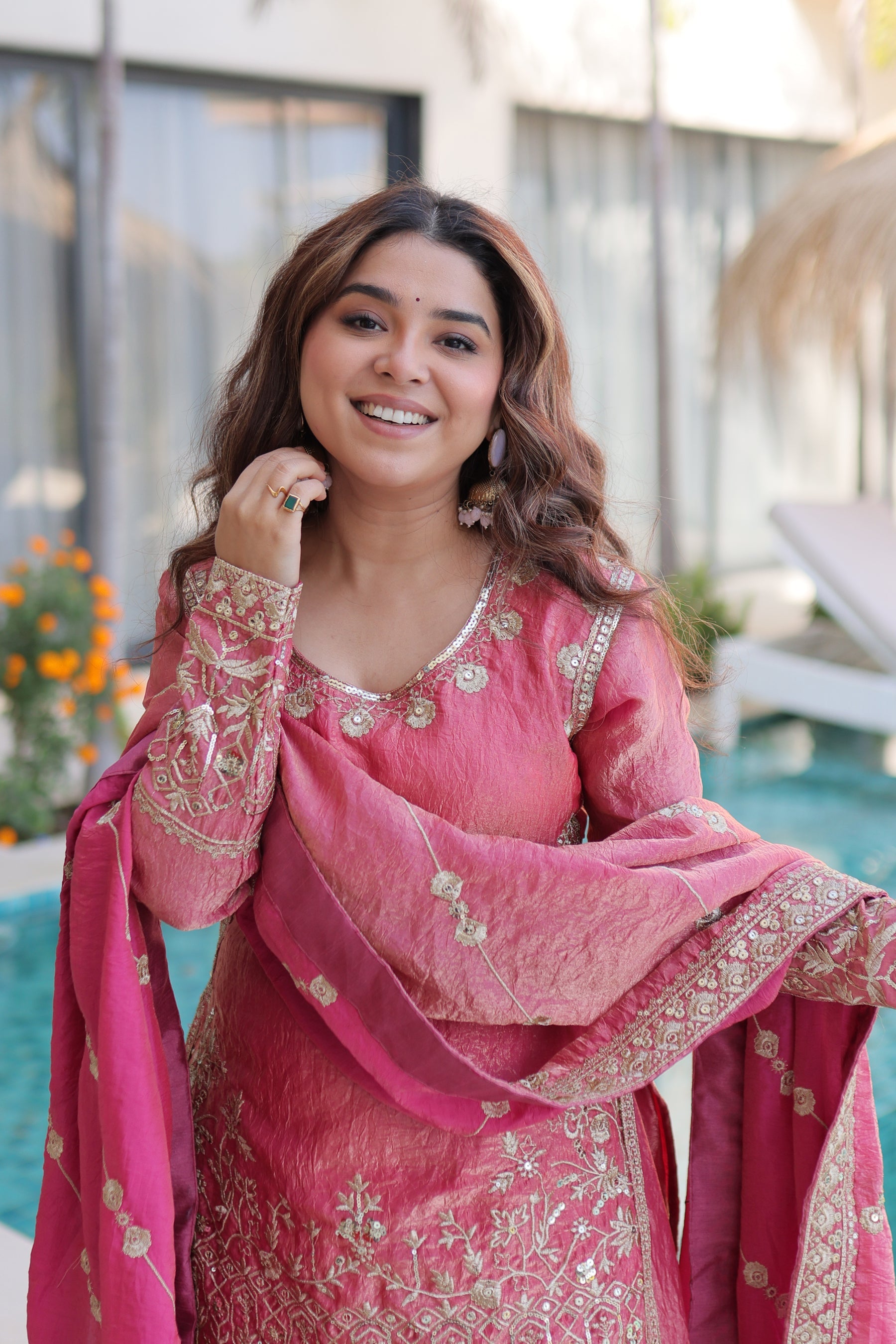 Lorenvalley Fashion Pink Fendy Satin Crush with Zari & Sequins Embroidered work Kurta Sharara with Dupatta