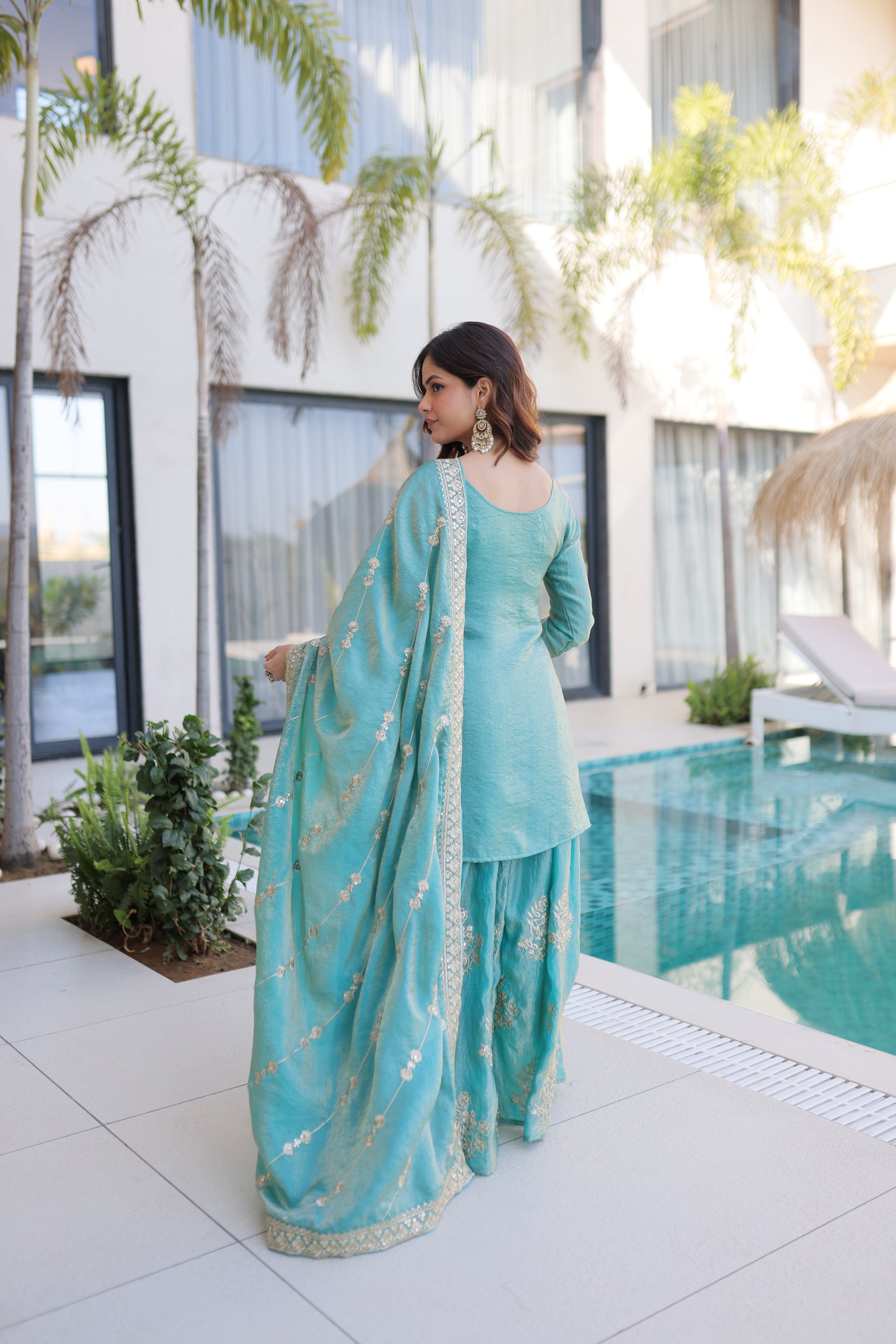 Lorenvalley Fashion Sky Blue Fendy Satin Crush with Zari & Sequins Embroidered work Kurta Sharara with Dupatta