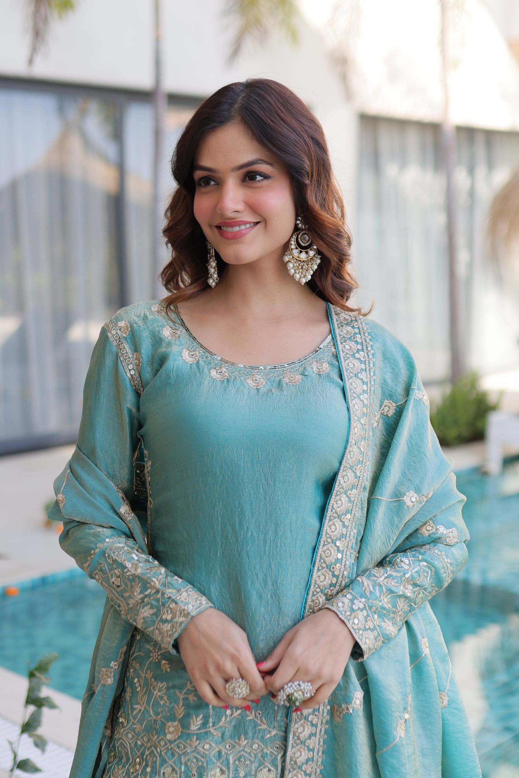 Lorenvalley Fashion Sky Blue Fendy Satin Crush with Zari & Sequins Embroidered work Kurta Sharara with Dupatta