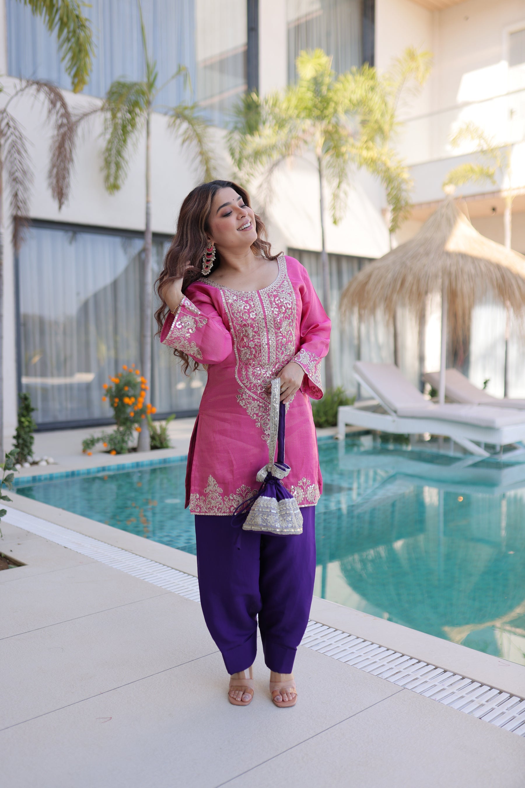 Lorenvalley Fashion Pink Viscose with Sequins & Coding Zari Embroidered work Kurta Pant with Batwa