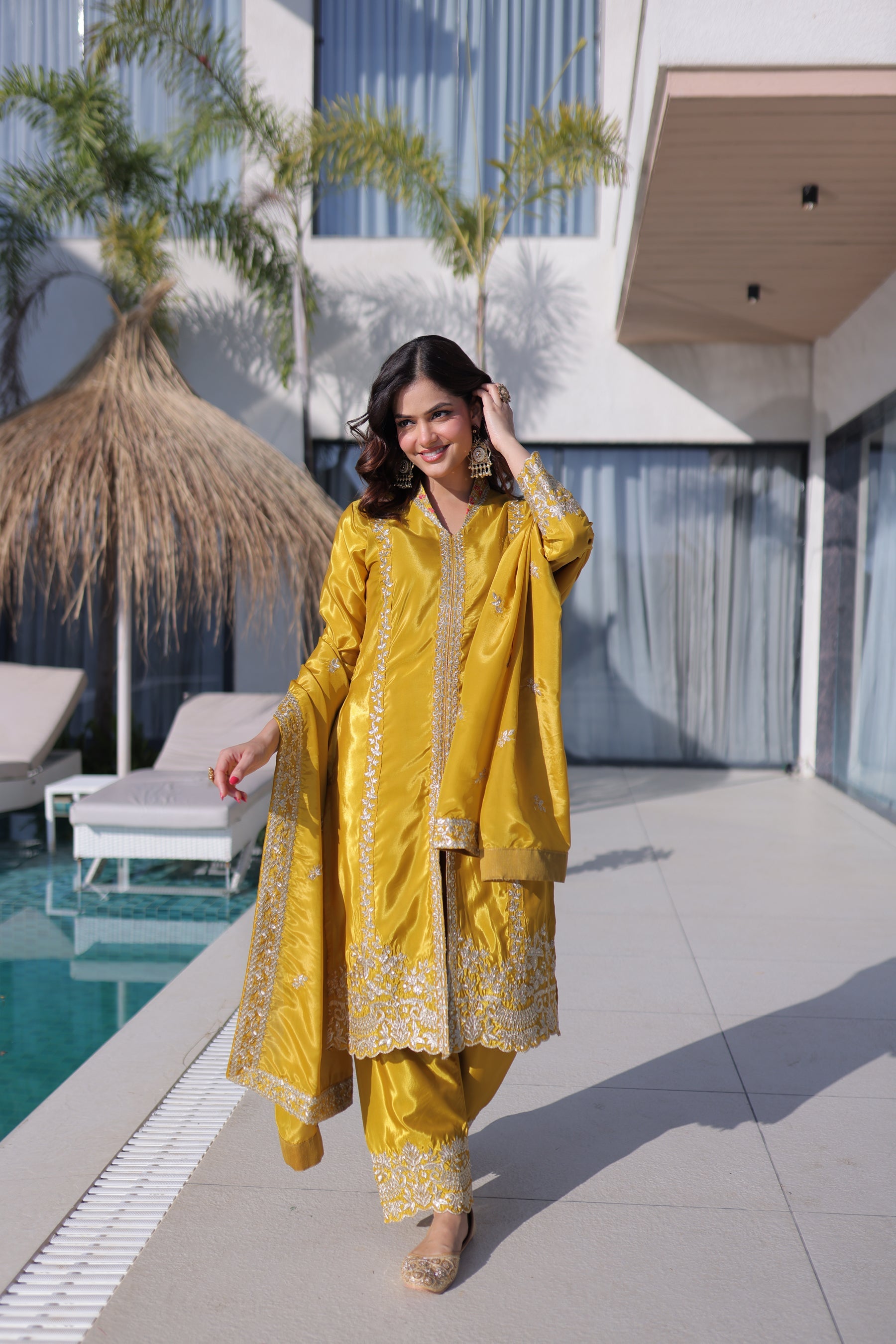Lorenvalley Fashion Yellow H O Silk with Sequins & Zari Embroidered work Kurta Pant with Dupatta