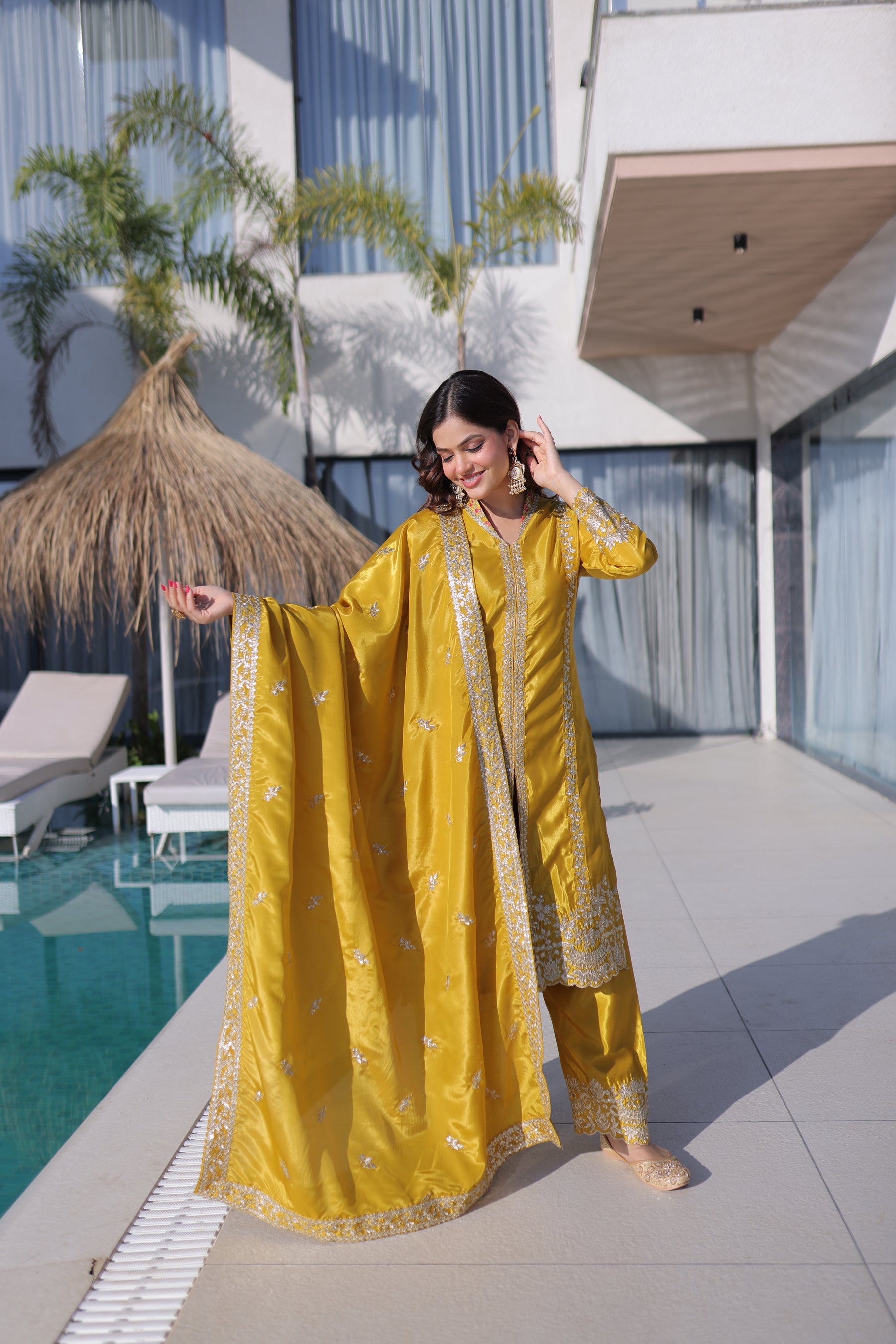 Lorenvalley Fashion Yellow H O Silk with Sequins & Zari Embroidered work Kurta Pant with Dupatta
