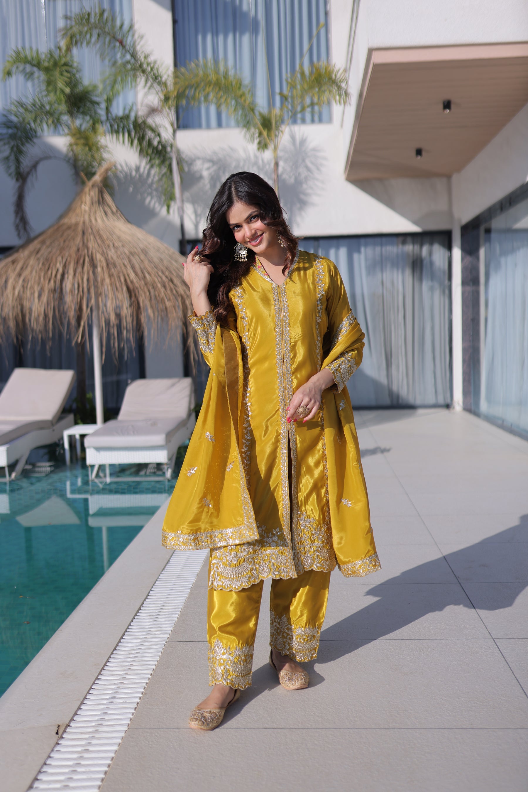 Lorenvalley Fashion Yellow H O Silk with Sequins & Zari Embroidered work Kurta Pant with Dupatta