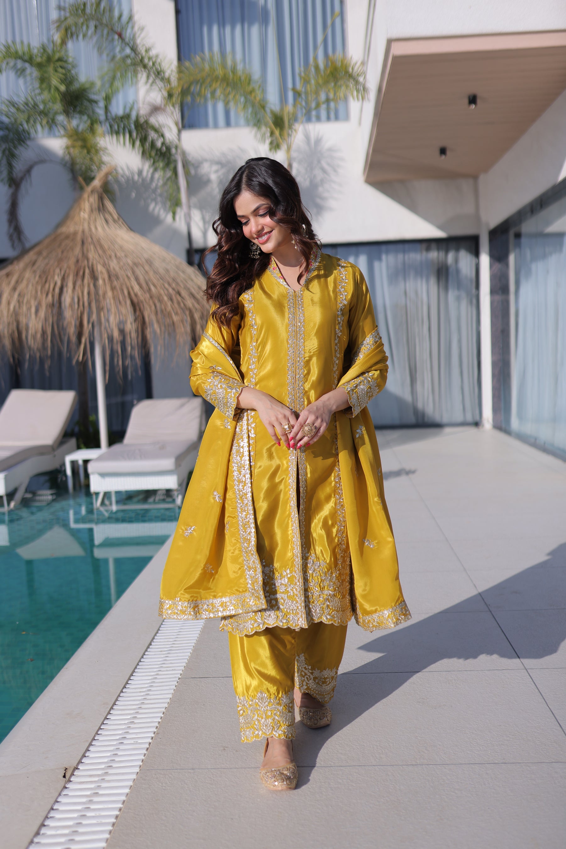 Lorenvalley Fashion Yellow H O Silk with Sequins & Zari Embroidered work Kurta Pant with Dupatta
