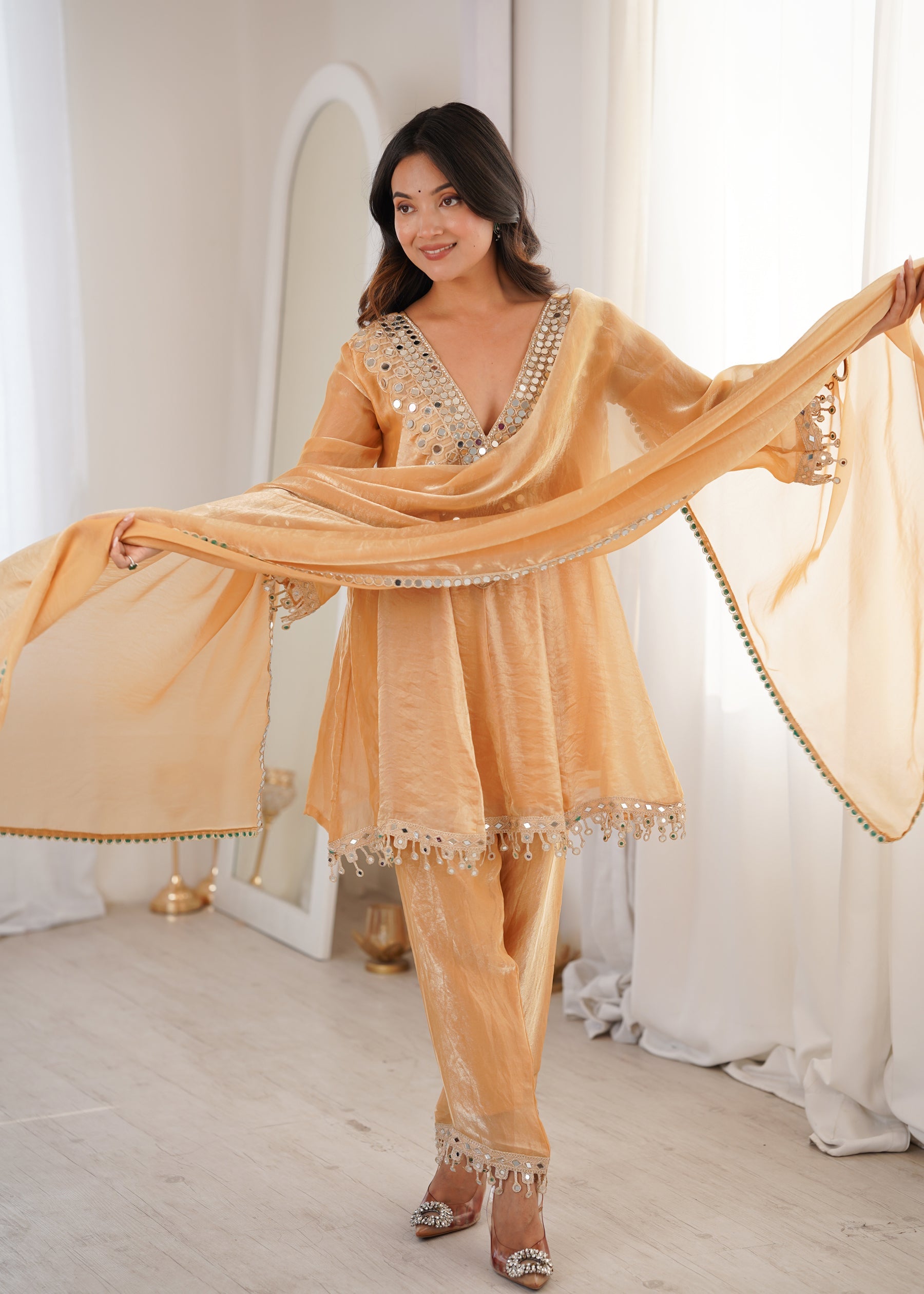Lorenvalley Fashion Chiku Fendy Satin with Real Mirror with Coding Embroidered Lace work Kurta Pant with Dupatta