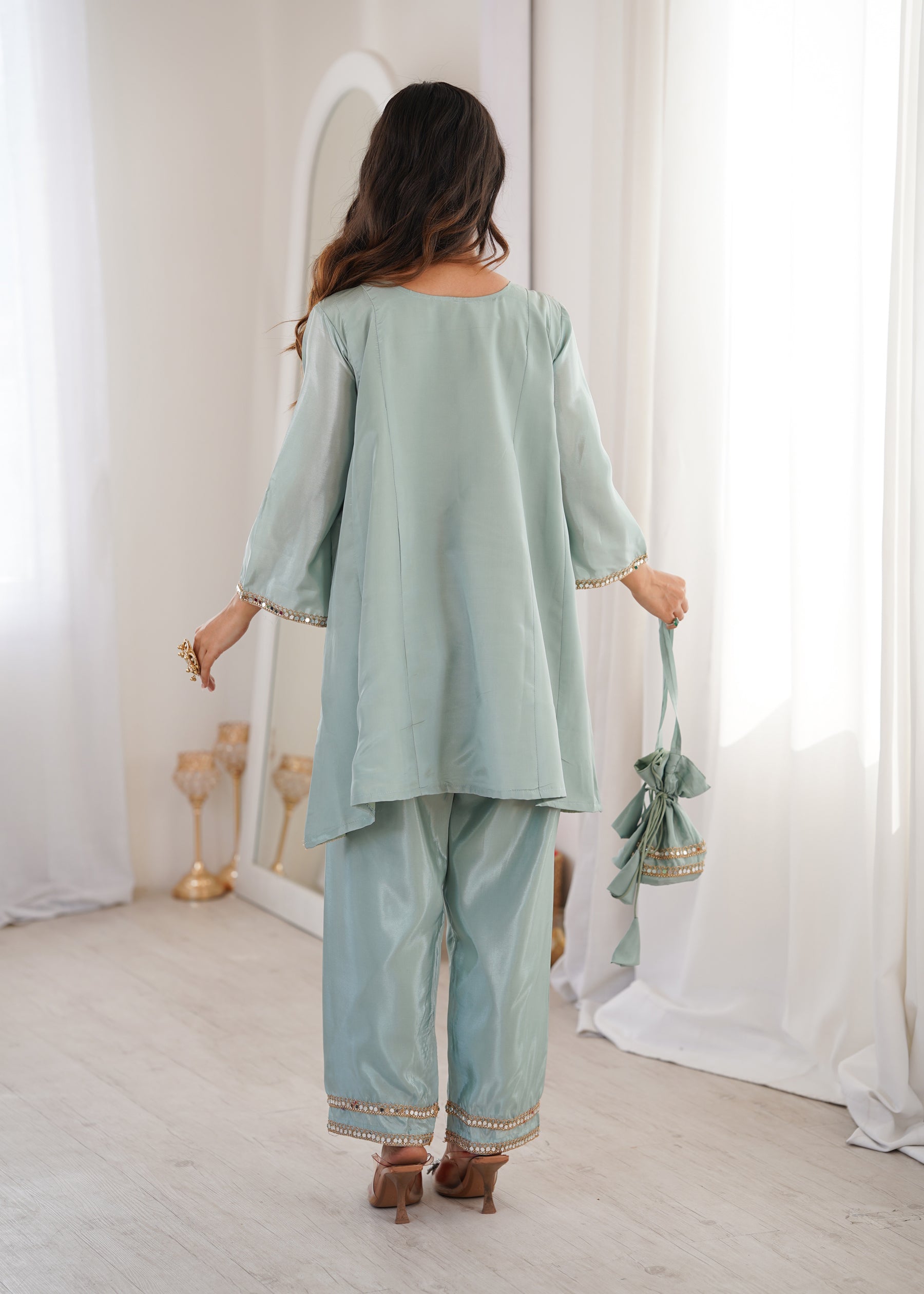 Lorenvalley Fashion Skyblue H O Silk with Real Mirror Embroidered work Kurta Pant with Batwa