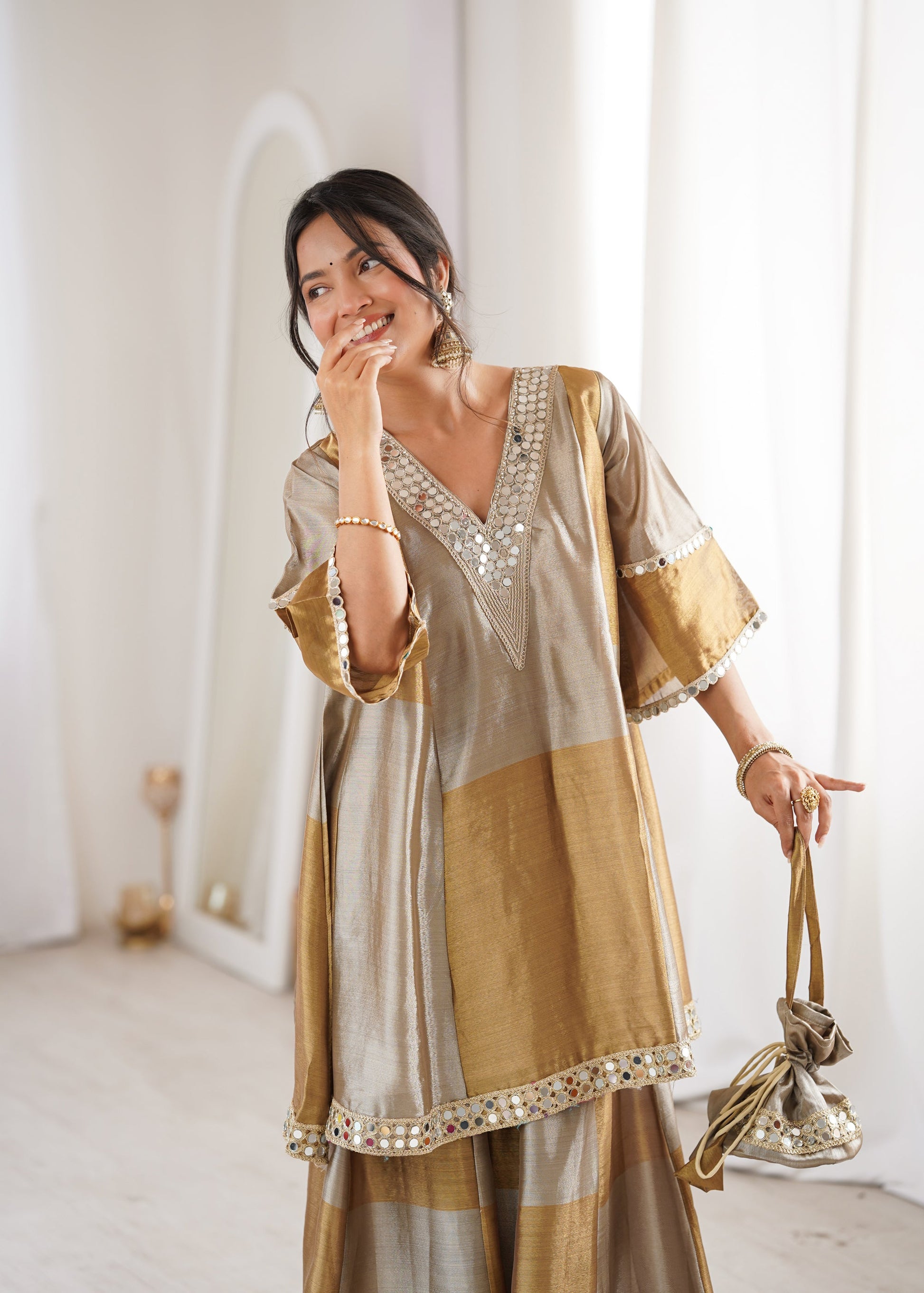 Lorenvalley Fashion Two-tone Tissue Fabric with Coding Embroidered & mirror work Lace Kurta Palazzo with Batwa