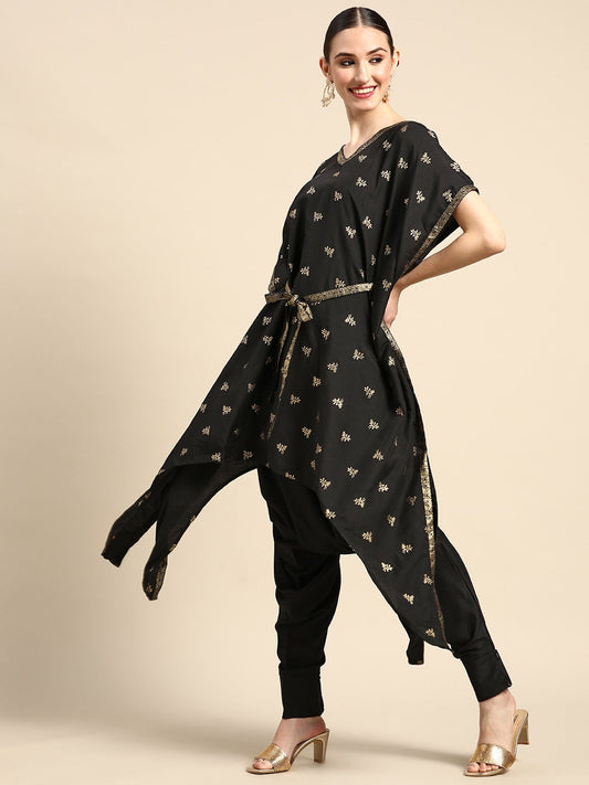 Sangria Women Black & Golden Ethnic Motifs Printed Kurta with Harem Pants - Grab2buy