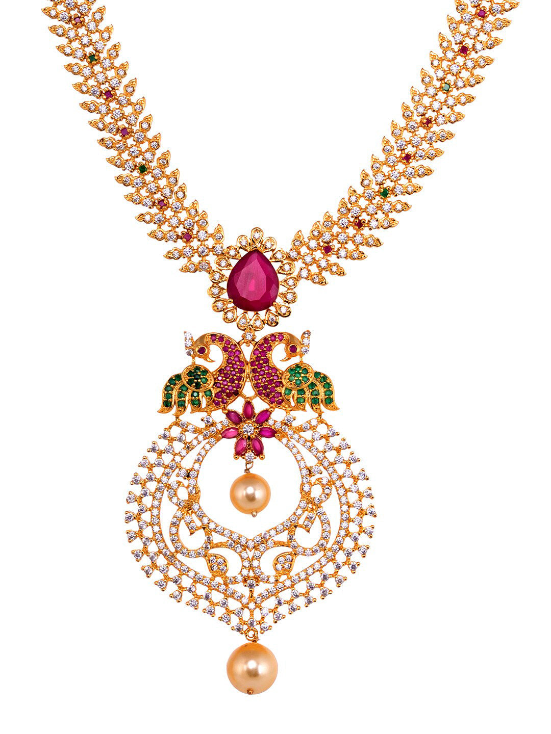 Saraf RS Jewellery Gold-Plated Green & Pink American Diamond Studded & Beaded Handcrafted Jewellery Set - Grab2buy