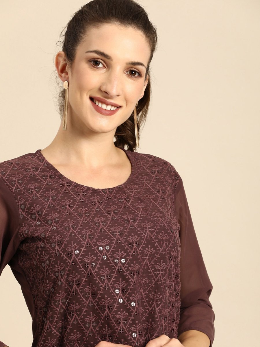 All About You Women Brown Ethnic Motifs Embroidered Regular Chikankari Kurta with Palazzos 