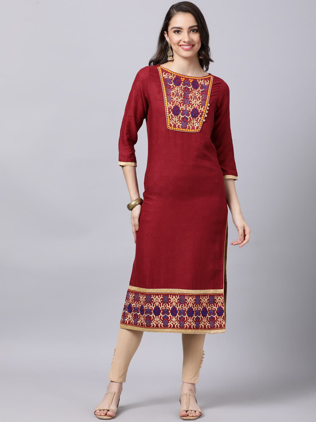 Souchii Maroon & Yellow Thread Work Grandeur & Majestic Artwork Cotton Kurta 