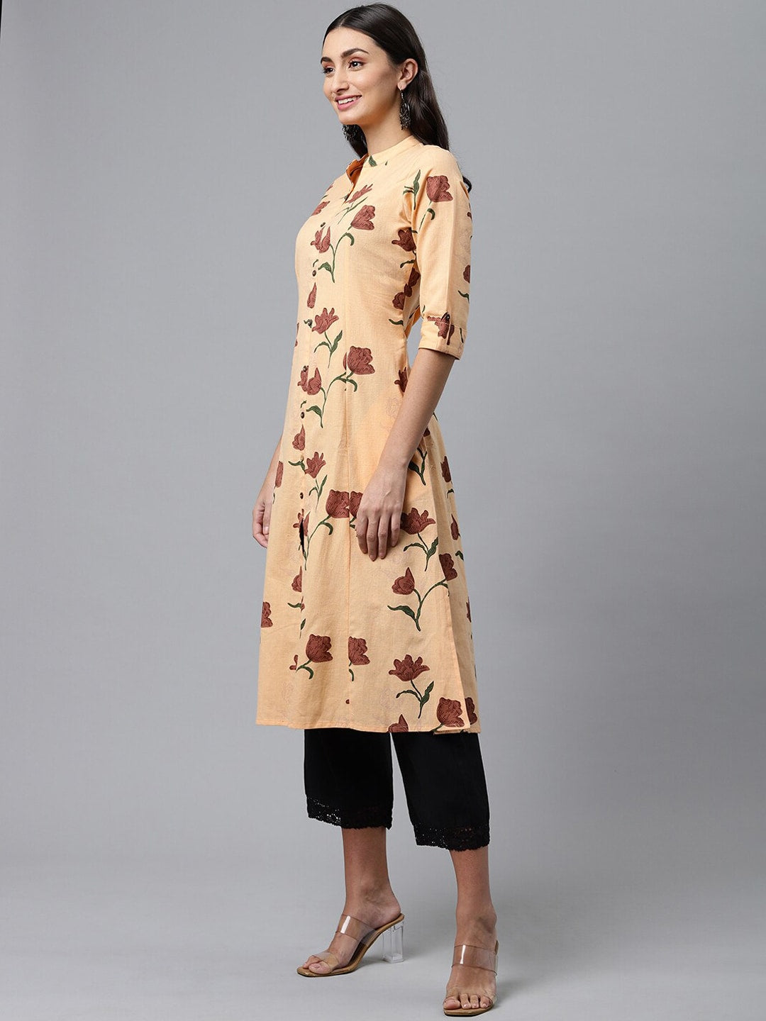 HERE&NOW Women Orange & Brown Floral Printed A-Line Kurta