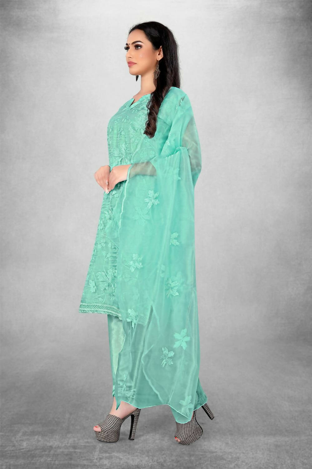 Sky Blue Heavy Organza Silk Embroidered Unstitched Dress Material - Amara
