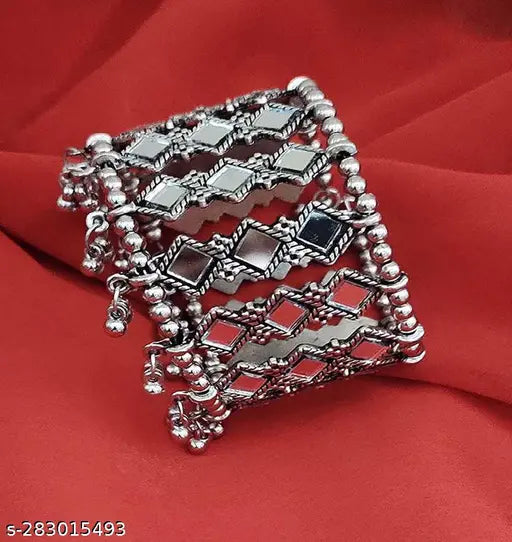 Tehzeeb Creations Women's Silver Oxidised Mirror Design Necklace Set With Bangle - Swadesiicart