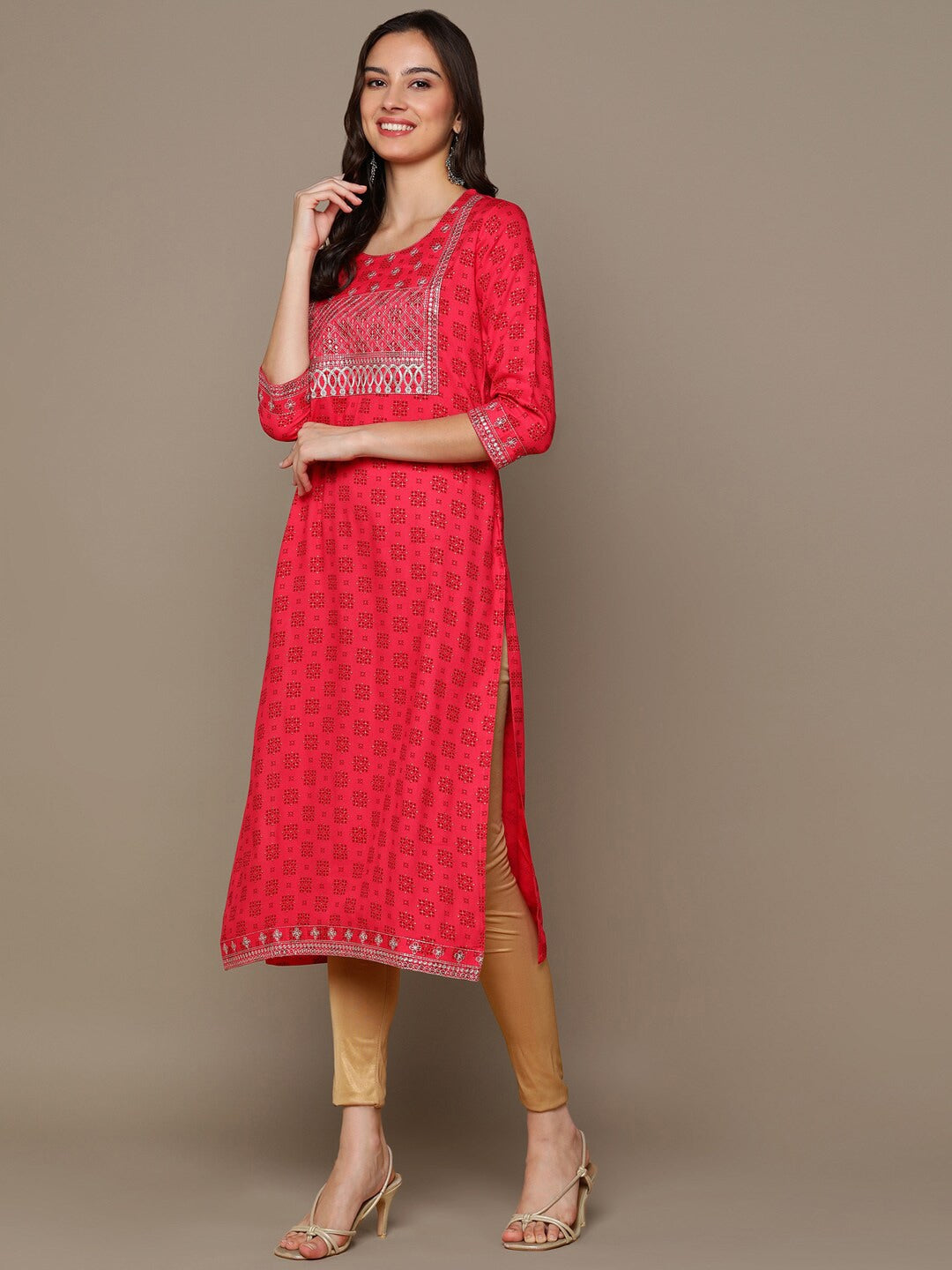 HERE&NOW Ethnic Motifs Printed Sequined Embroidered Straight Kurta