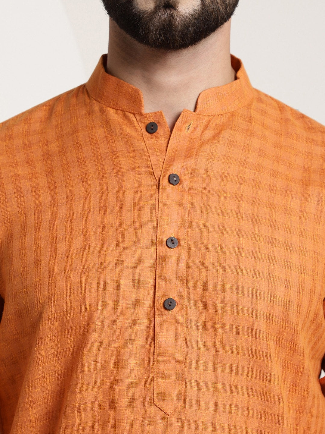 Sojanya Men Orange Dobby Self-Checked Straight Kurta 