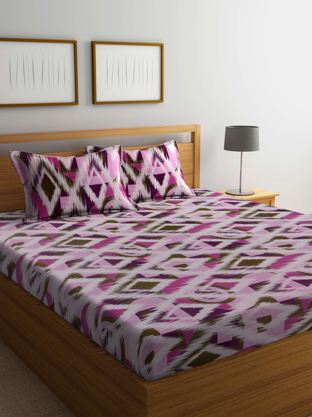 BOMBAY DYEING Marigold Purple Geometric Cotton 104 TC King Bedsheet With 2 Pillow Covers | Grab2Buy