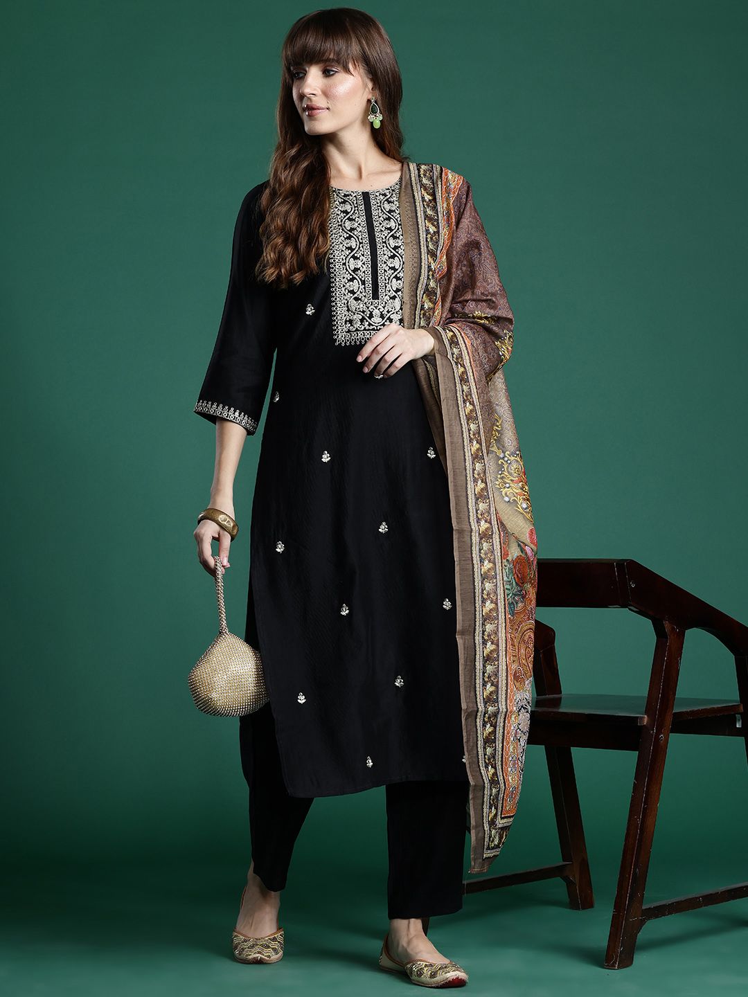 Indo Era Ethnic Motifs Zari Embroidered Liva Kurta With Trousers & Dupatta