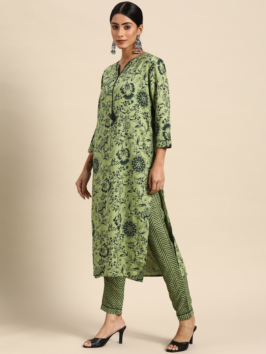 All About You Women Green Ethnic Motifs Printed Kurta with Trousers