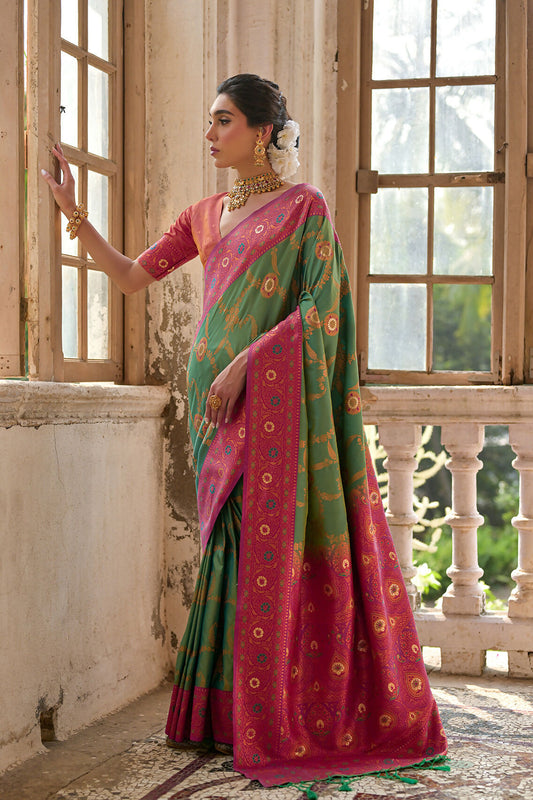 Vishnu Weaves Women's Pista Banarasi Silk Zari Woven Grab2Buy with Blouse 
