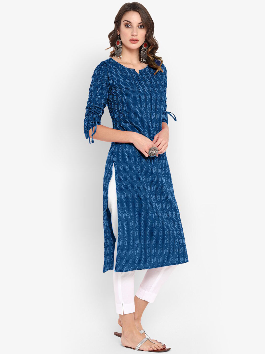 Janasya Women Blue Woven Design Straight Kurta
