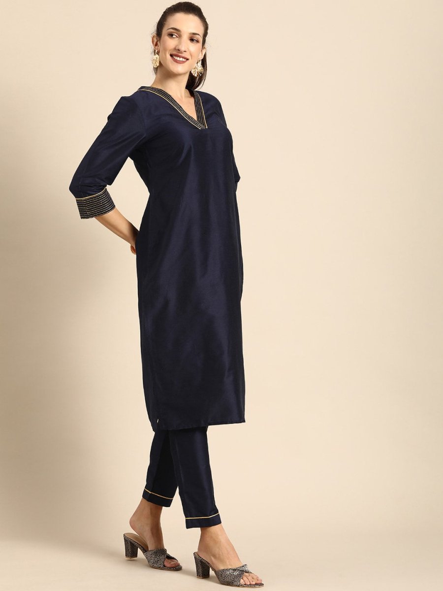 All About You Women Navy Blue Zari Detailed Regular Kurta with Trousers & Dupatta