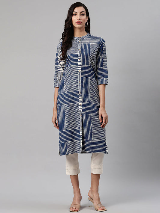 Biba Women Navy Blue & White Striped Kurta with Trousers - Grab2buy