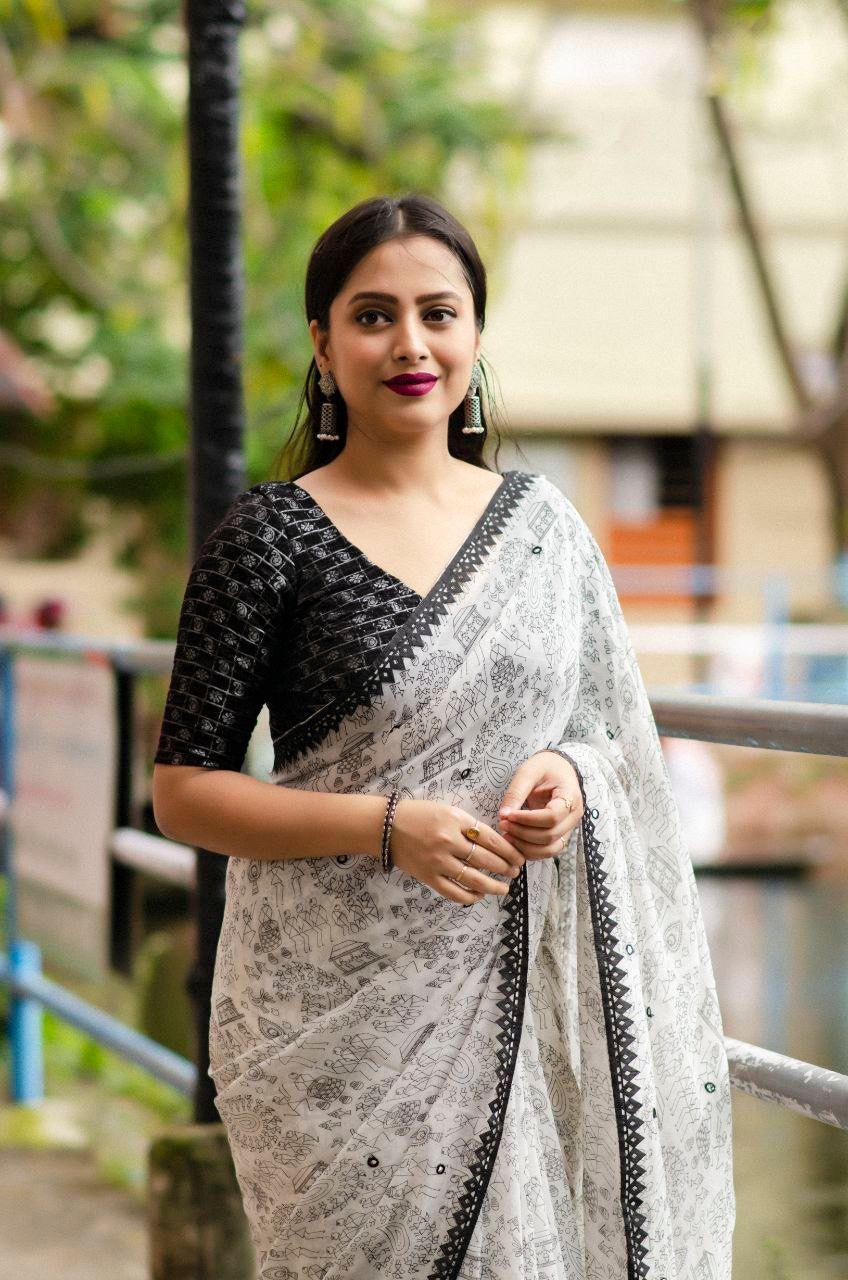 Black Pure Georgette Warli Saree with Unstitched Blouse - A2M