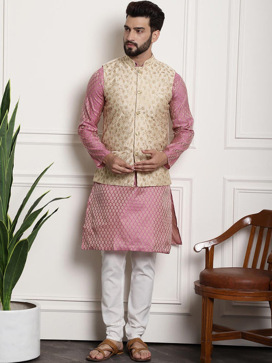 Sojanya Men Pink Ethnic Motifs Kurta with Pyjamas & Nehru Jacket 