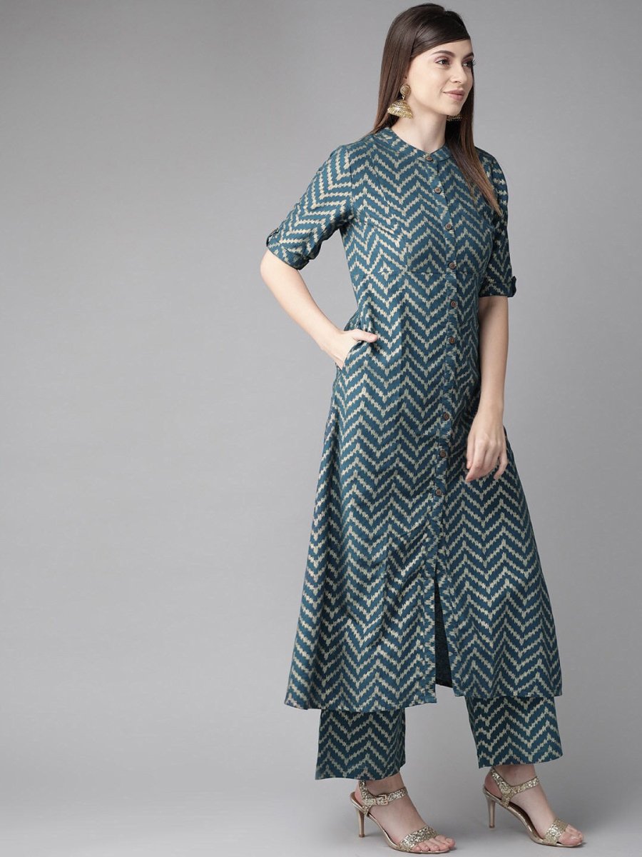 Aks Chevron Printed Band Collar A-Line Kurta