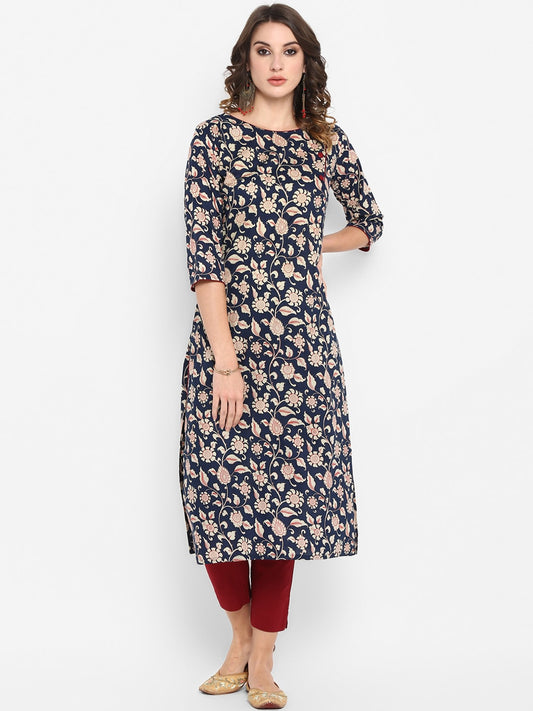 Janasya Women Navy Blue Ethnic Motifs Printed Regular Pure Cotton Kurta with Trousers