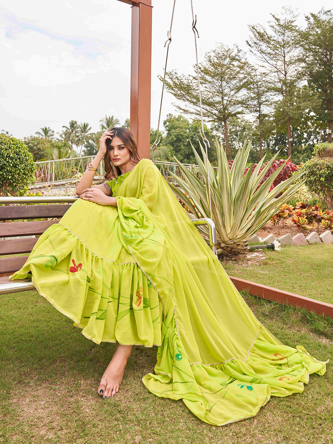 Tikhi Imli Printed Ruffle Grab2Buy With Mirror Embroidered Work Blouse 