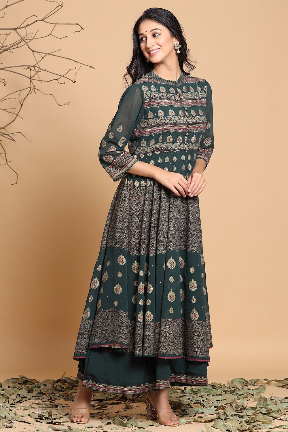 Juniper Women's Jadegreen Georgette Printed Layered Dress