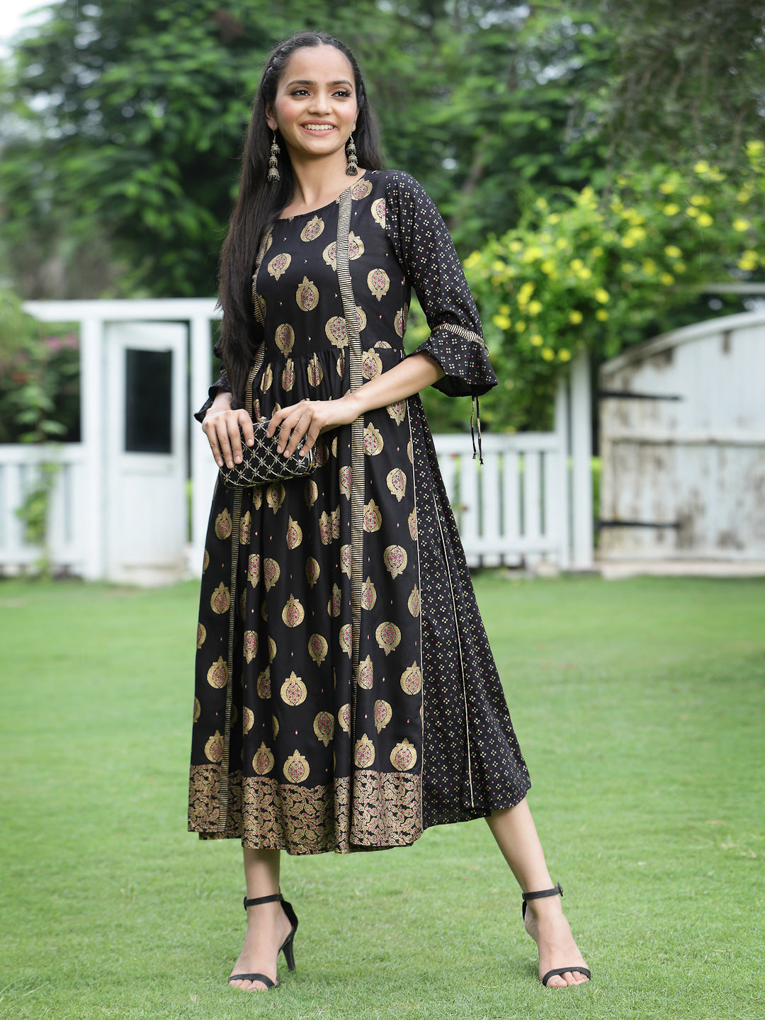 Juniper Women Black Rayon Printed Jacket Style Dress