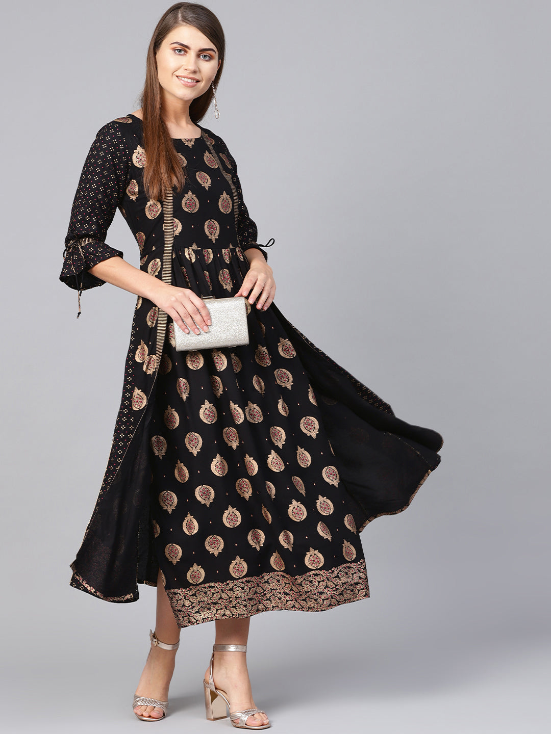 Juniper Women Black Rayon Printed Jacket Style Dress