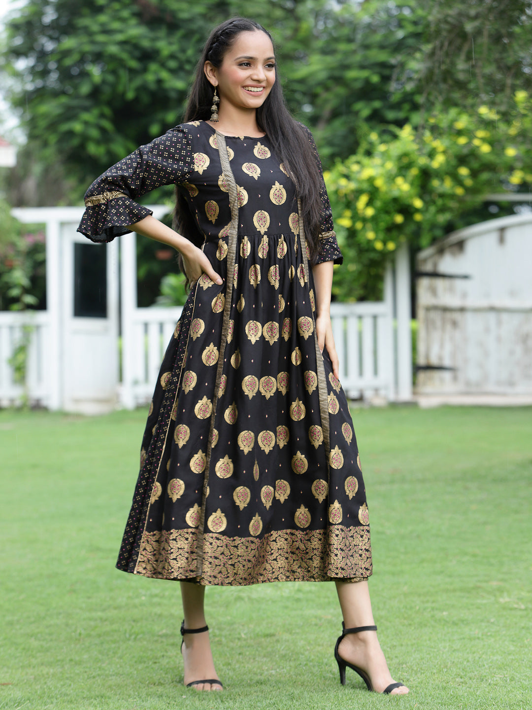 Juniper Women Black Rayon Printed Jacket Style Dress