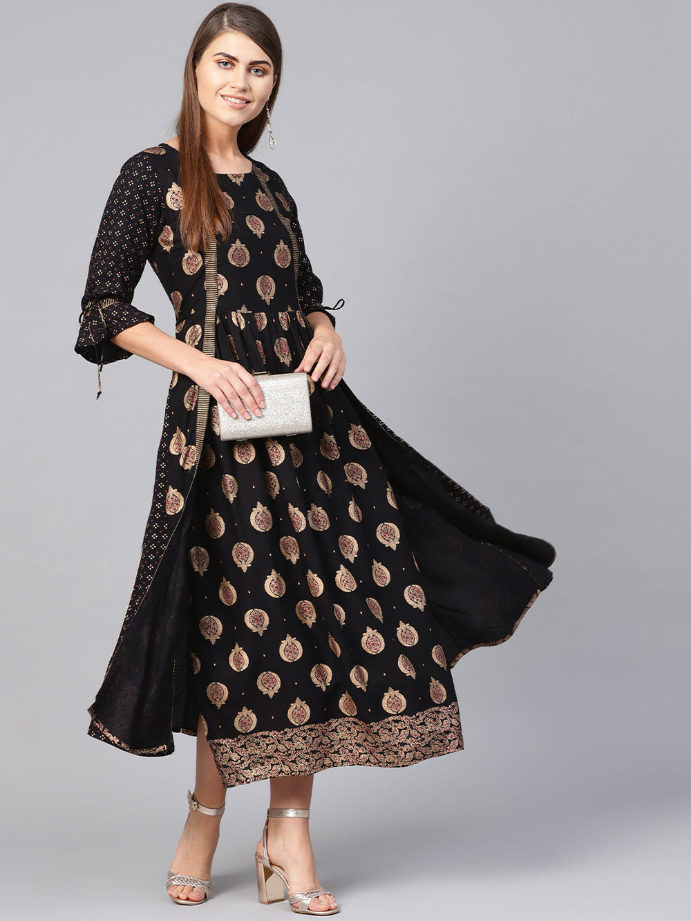 Juniper Women's Black Rayon Printed Jacket Style Dress