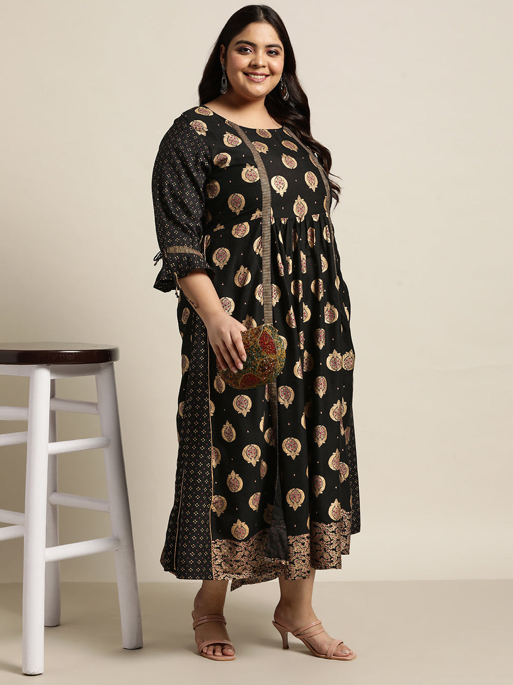 Juniper Women's Black Rayon Festive Wear Printed Jacket Style Dress