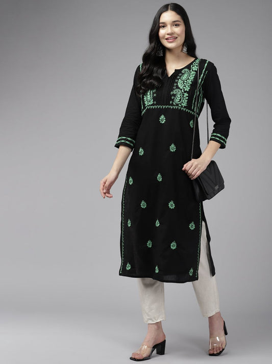 ADA Women Ethnic Motifs Embroidered Cotton Chikankari Floral Kurta 
