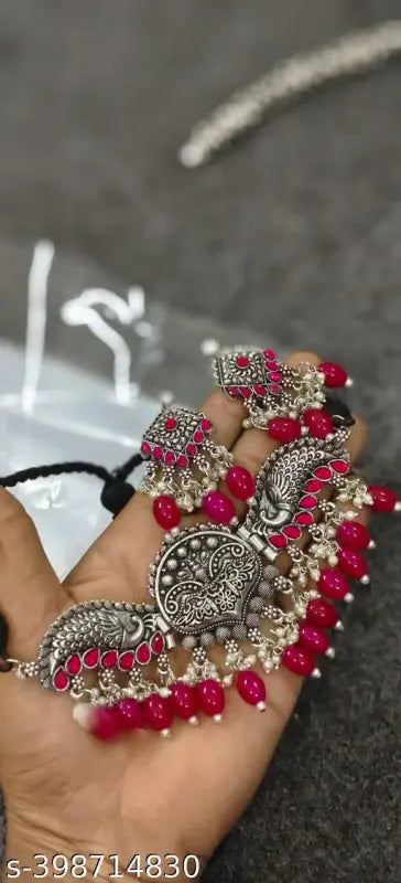 Tehzeeb Creations Women's Silver Plated Necklace Set With Rani Colour Pearl Tehzeeb Creations