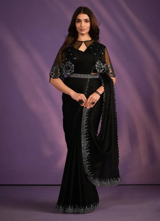 Black Crepe Satin Silk Embroidered Saree With Stitched Blouse - Mohmanthan Exotica