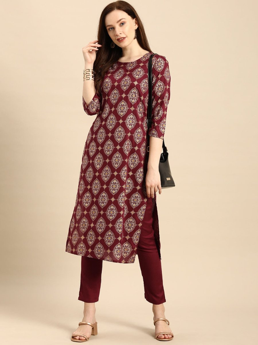 All About You Women Maroon Printed Kurta with Trousers