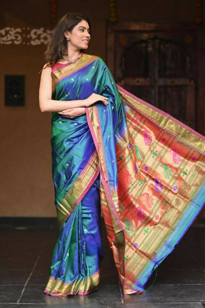 Very Much Indian Authentic Handloom Pure Silk Paithani Dual Tone Bluish Grey Green With Light Purple Border - Grab2buy