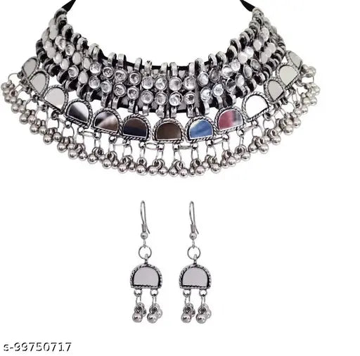 Tehzeeb Creations Women's Silver Plated Necklace Set With Mirror Design Tehzeeb Creations