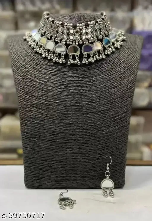 Tehzeeb Creations Women's Silver Plated Necklace Set With Mirror Design Tehzeeb Creations