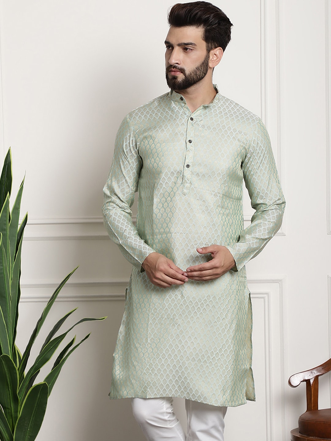 Sojanya Men Green & Beige Ethnic Motifs Jacquard Woven Design Straight Kurta 